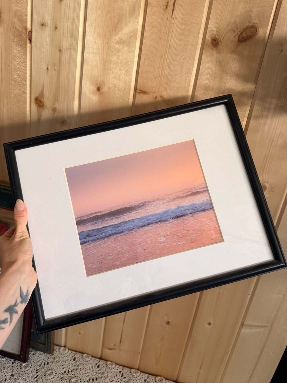 Artwork Framed Sunset Beach Ocean Waves Seascape Art Print Pink